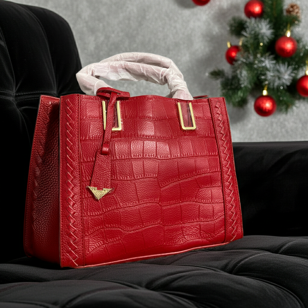 Prémium valódi bőr női válltáska krokodilmintás - borvörös